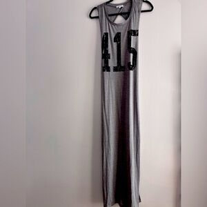 90s vintage DELIAS Sleeveless Gray Maxi Dress with '415' Graphic